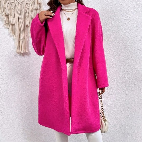 . Jackets & Blazers - Pink Preppy Womens Lapel Neck Open Front Teddy Lined Coat